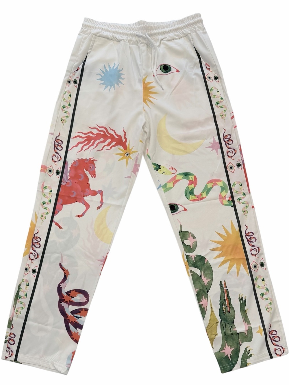 🌞✨ Celestial Eyes & Serpent Print Drawstring Pants Small - NWOT